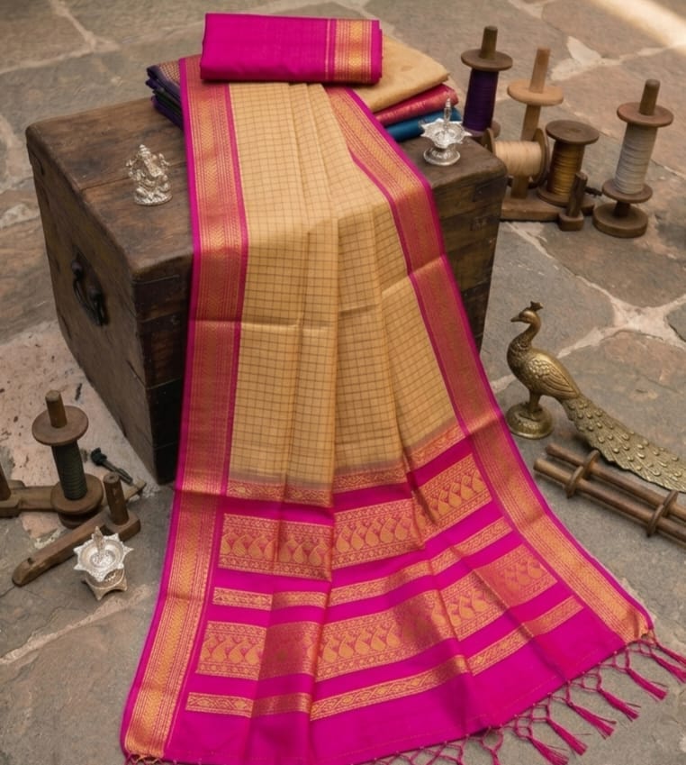 Korvai Heritage Checked Handloom Cotton Saree